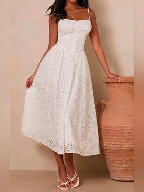 New Boho Embroidered Eyelet Lace Ruched Milkmaid Cami Midi Dress White